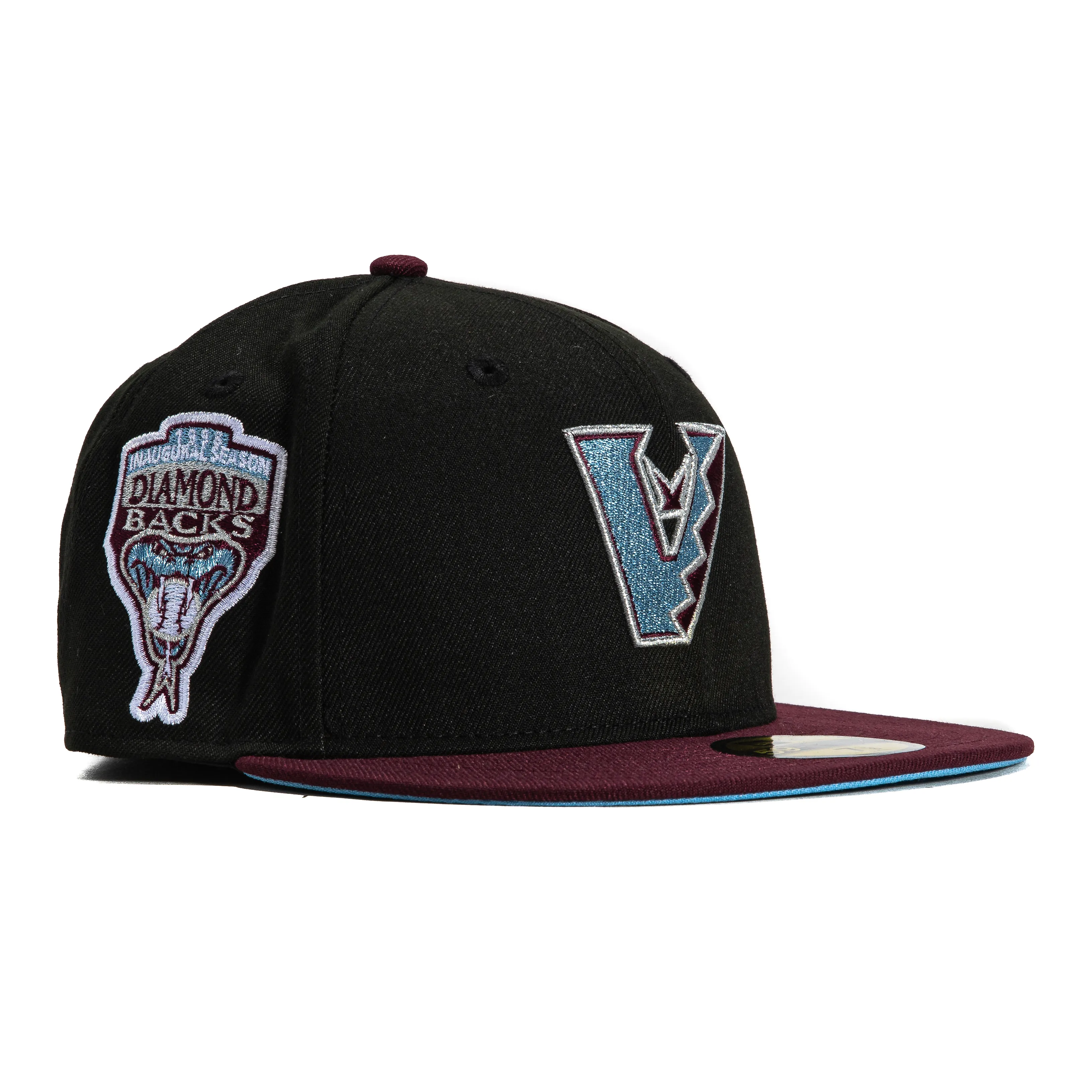 New Era 59Fifty Arizona Diamondbacks Inaugural Patch Upside Down Hat - Black. Maroon. Light Blue
