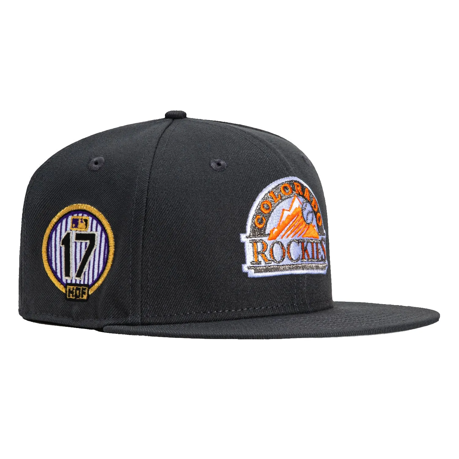 New Era 59Fifty Colorado Rockies 17 Todd Helton HOF Patch Logo Hat - Graphite. Light Orange