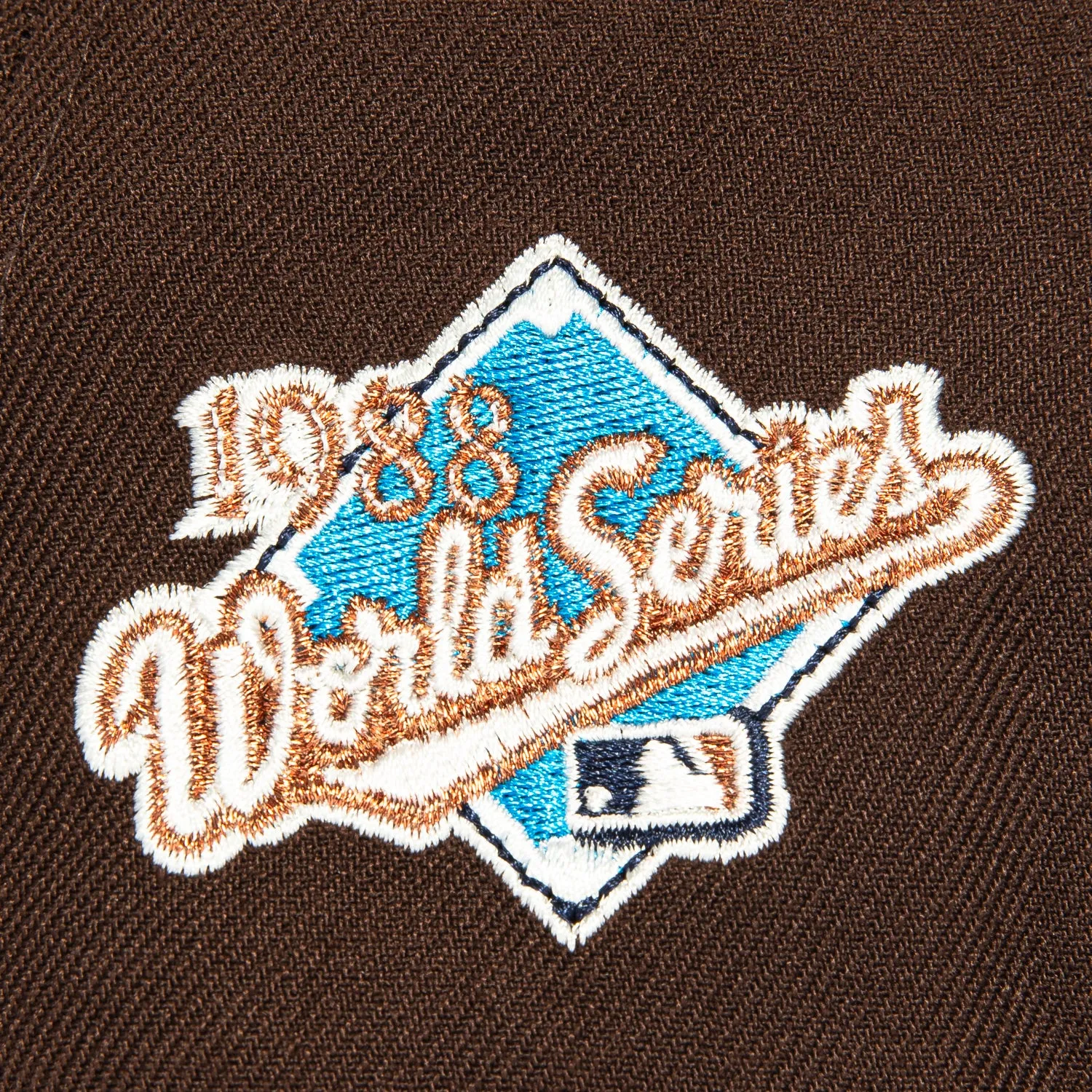 New Era 59Fifty Los Angeles Dodgers 1988 World Series Patch Script Hat - Brown. Neon Blue. Metallic Copper
