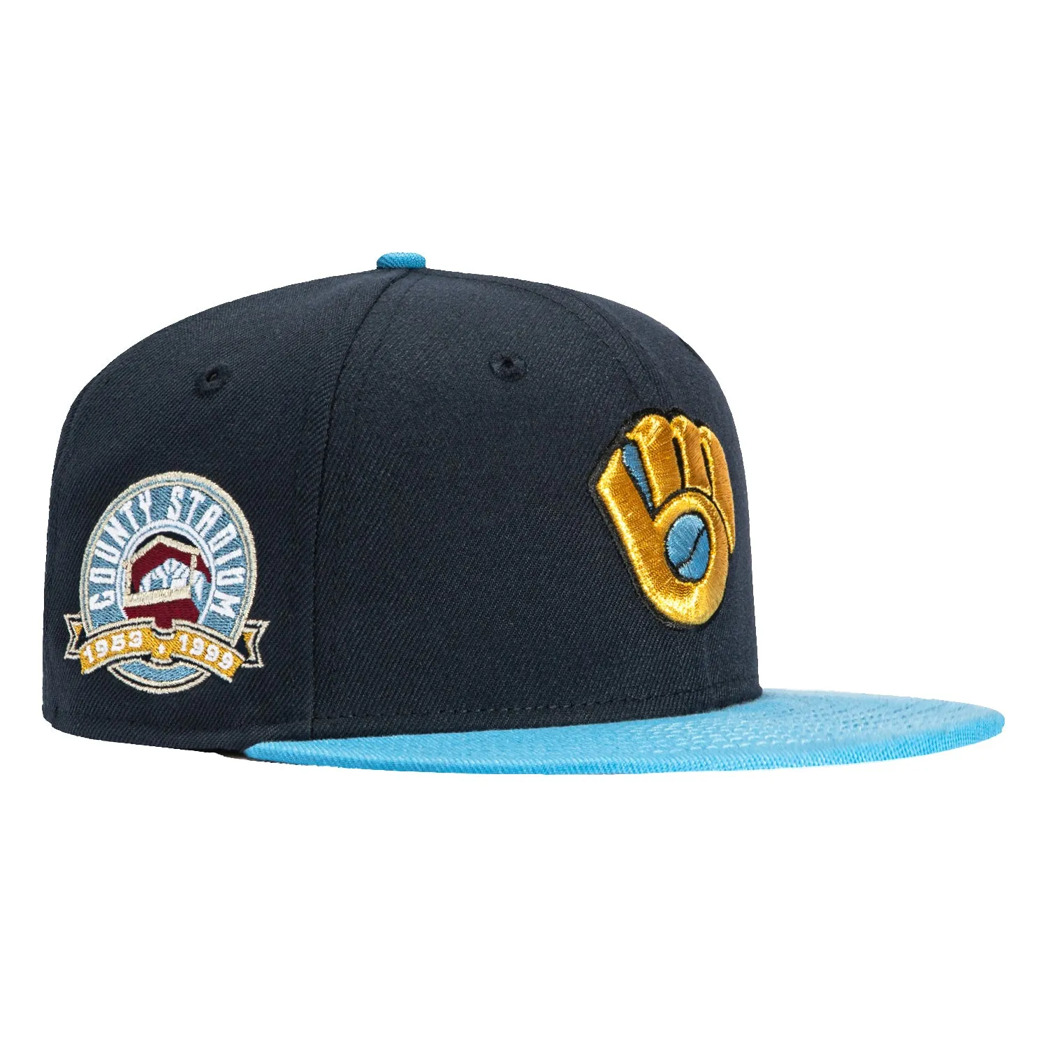 New Era 59Fifty Milwaukee Brewers County Stadium Patch Hat - Navy. Light Blue. Metallic Gold