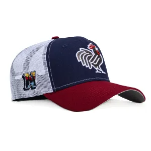 New Era 9Forty A-Frame Port City Roosters Northwest Arkansas Naturals Patch Snapback Trucker Hat - Light Navy. Cardinal
